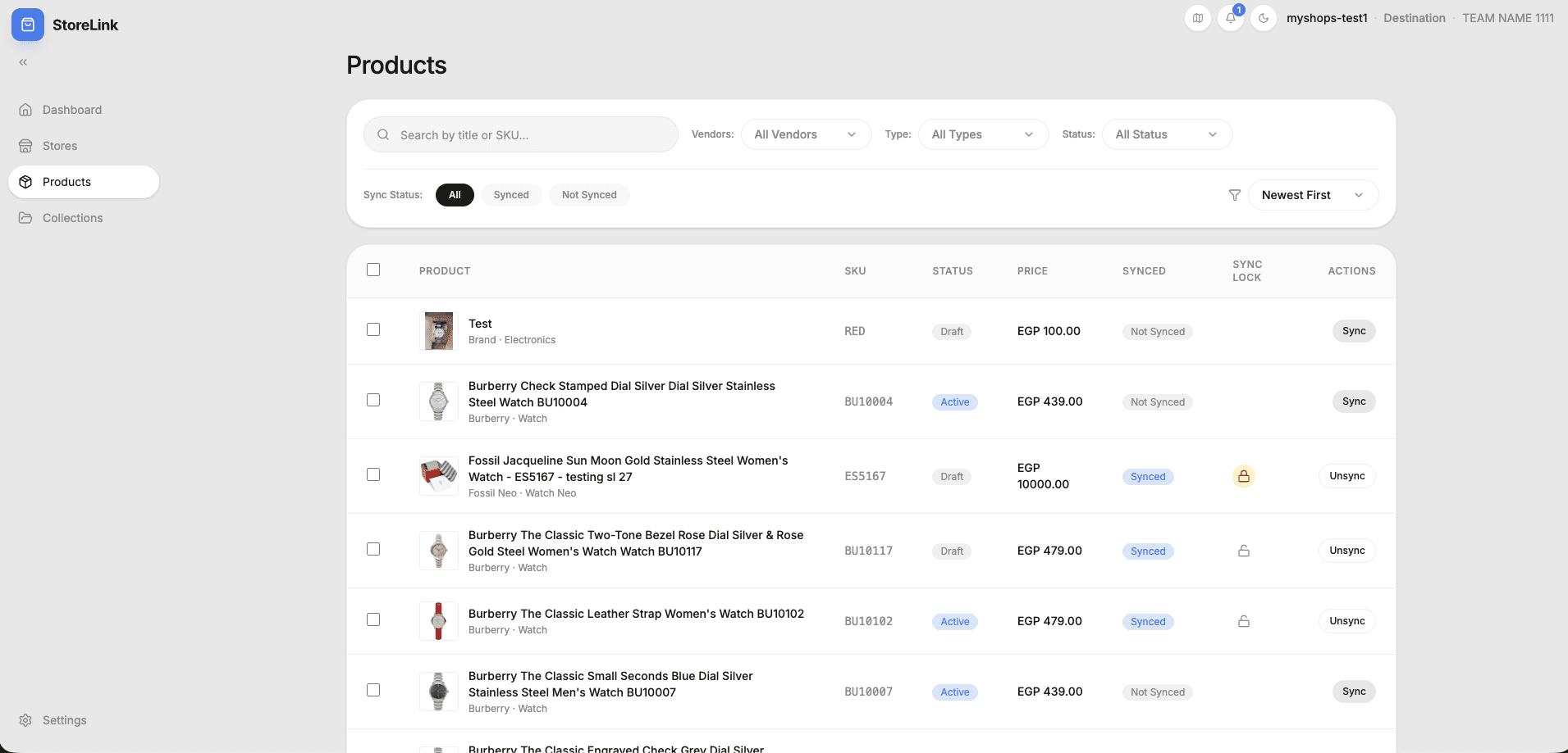SyncTec Dashboard — Products View